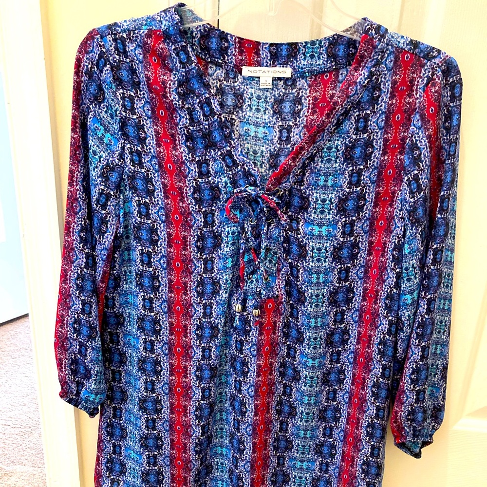 Red and blue Notations blouse with lace up front